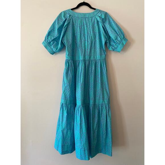Gretchen Scott Blue Viviers Tiered Maxi Dress Short Sleeve Flowy Cotton Small - Picture 7 of 11